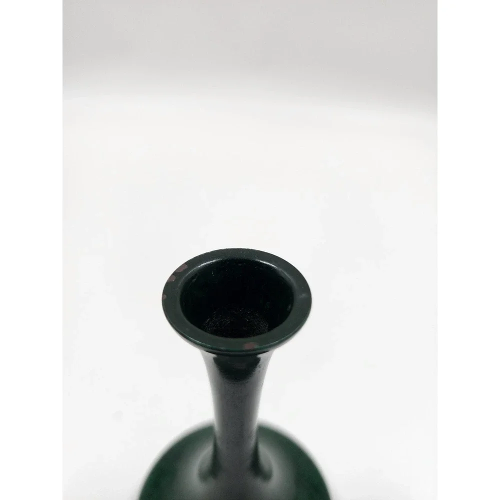 Vintage Miniature Bud Vase Dark Green Metal Mottled Enamel Finish 5.25 Inch